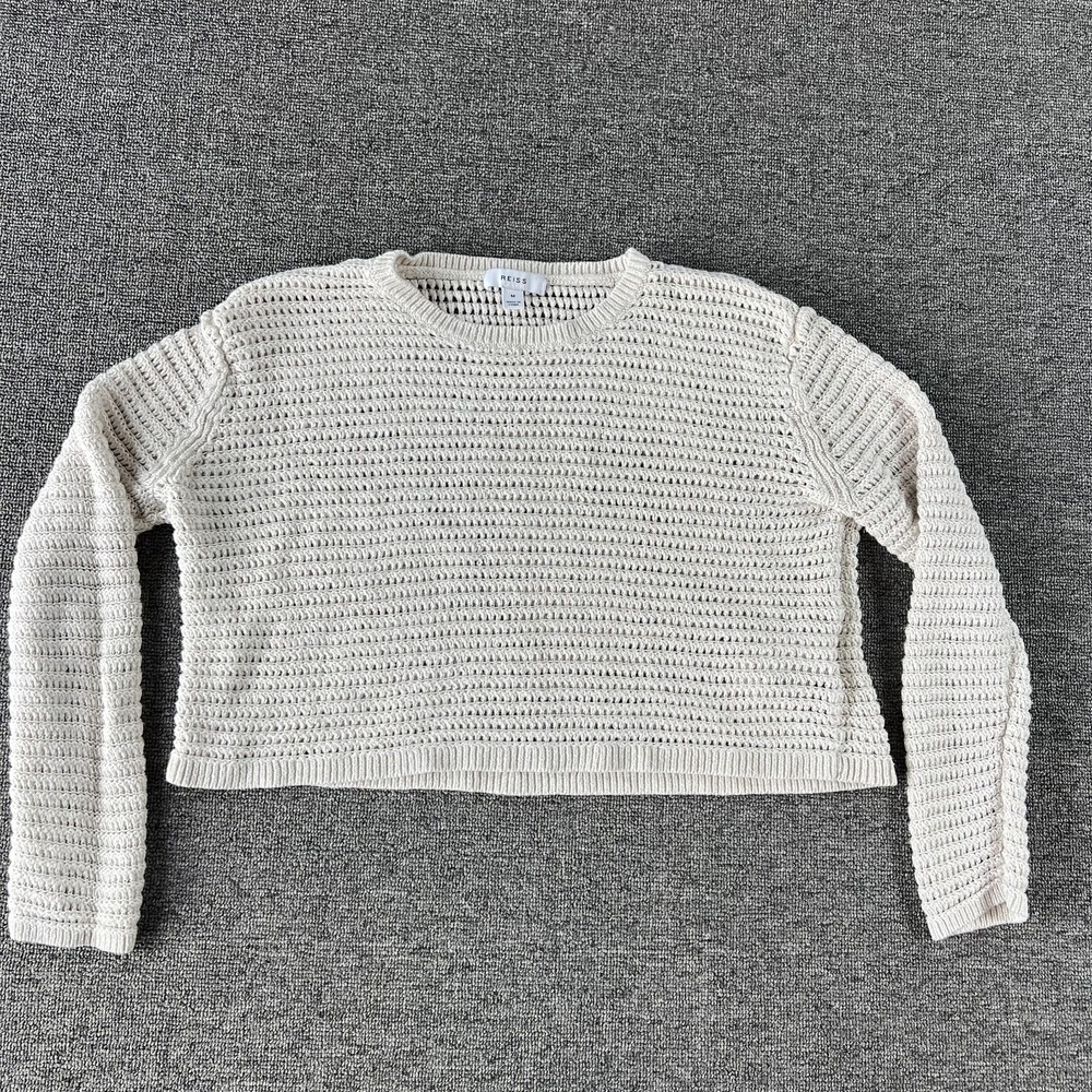 Reiss Sweater Womens Medium White Avril Crochet Open Knit Linen Blend Pullover